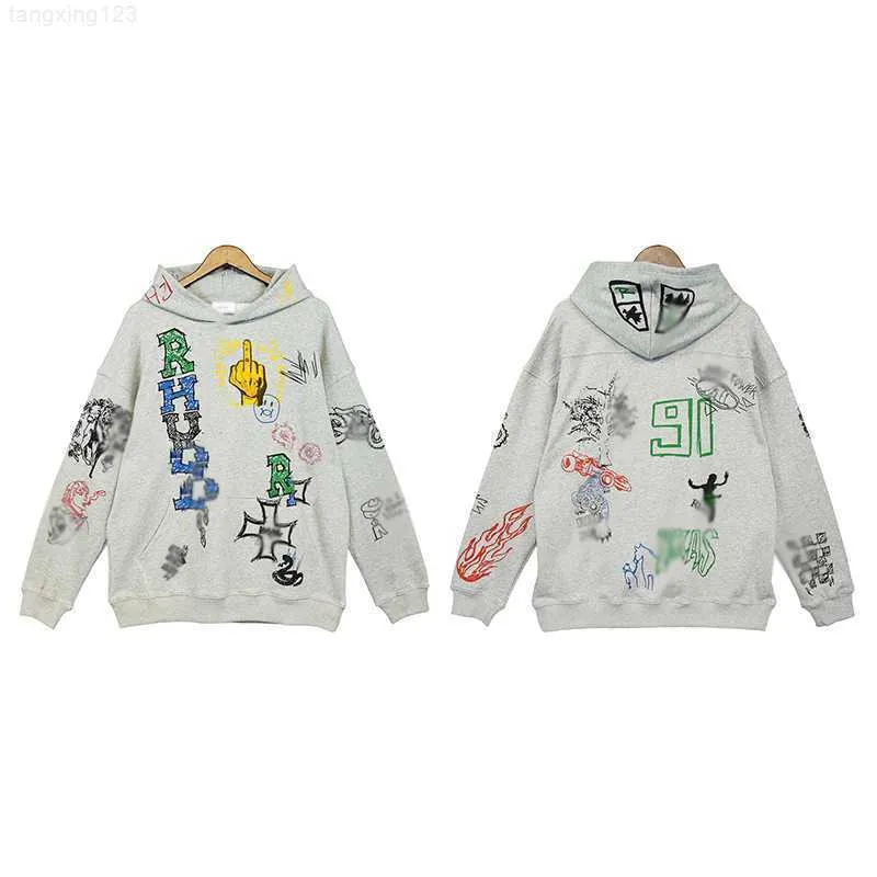 Rhude vielseitige graue süße coole handbemalte Graffiti High Street Herren Damen Hoodies Trendy Herbst Winter