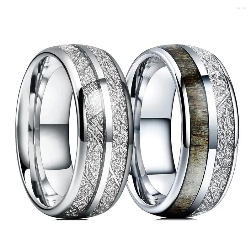 Wedding Rings Fashion 8mm Deer Antler Tungsten For Men Double Groove Meteorite Inlay Carbon Fibre Steel Bands