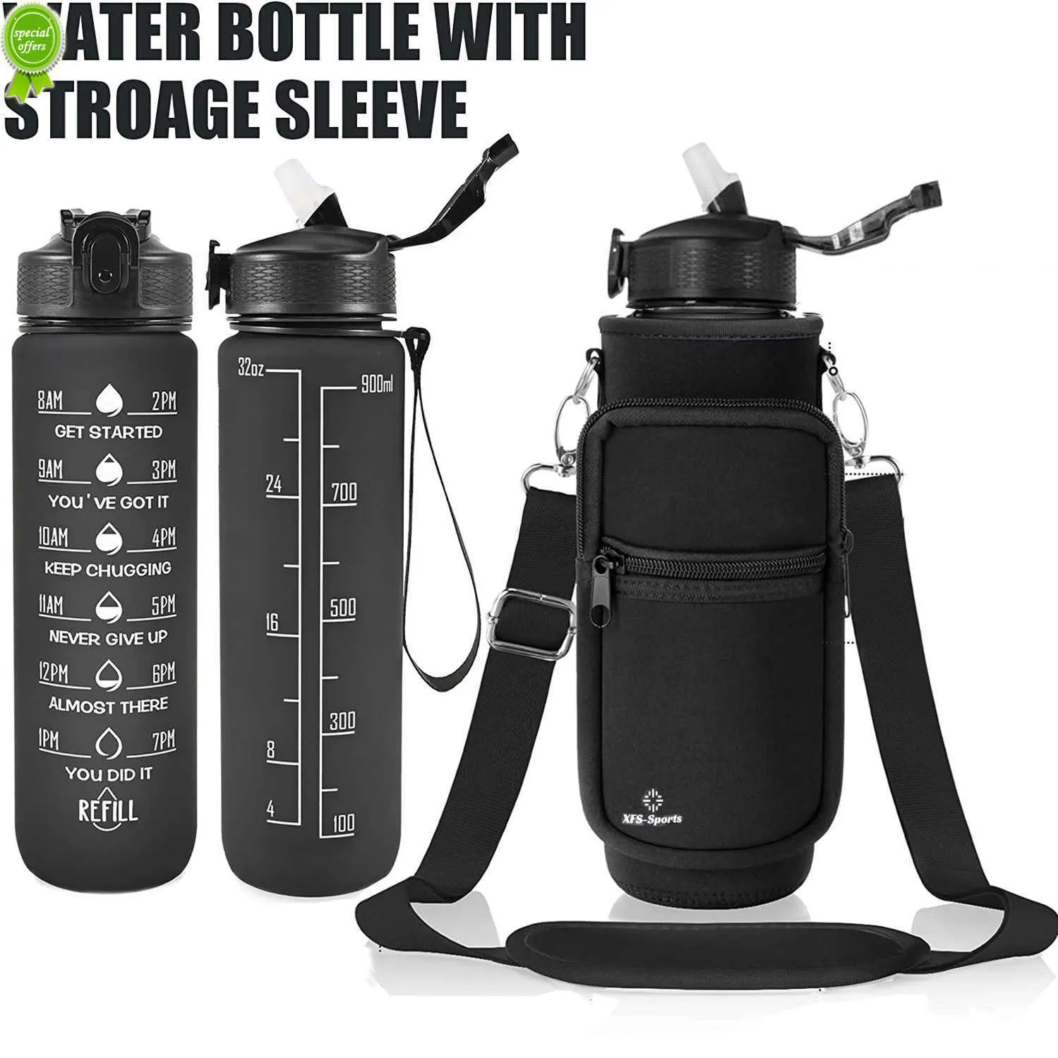 1l Sports Water Bottle with Sleeve and Straw with Carrying Strap Sleeve Leak Proof Bpa Free for Sports Outdoor Shoping to Drink