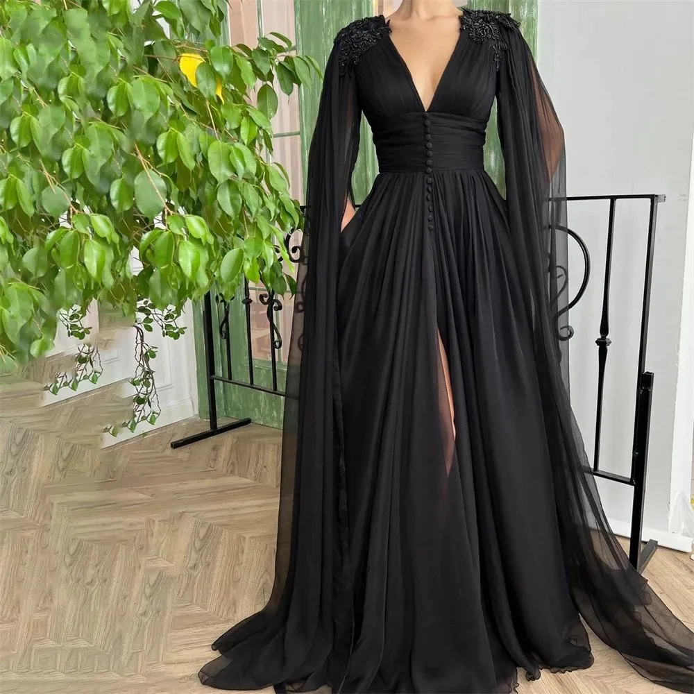 Lange sweety formele avondjurken lange mouw diepe v-neck split Black Sequins Appliques Appliques knoppen Chiffon A-lijn plus size prom party jurken 04