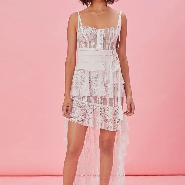 se-lf-p-t White Irregular Lace Perspective Strap Long Dress