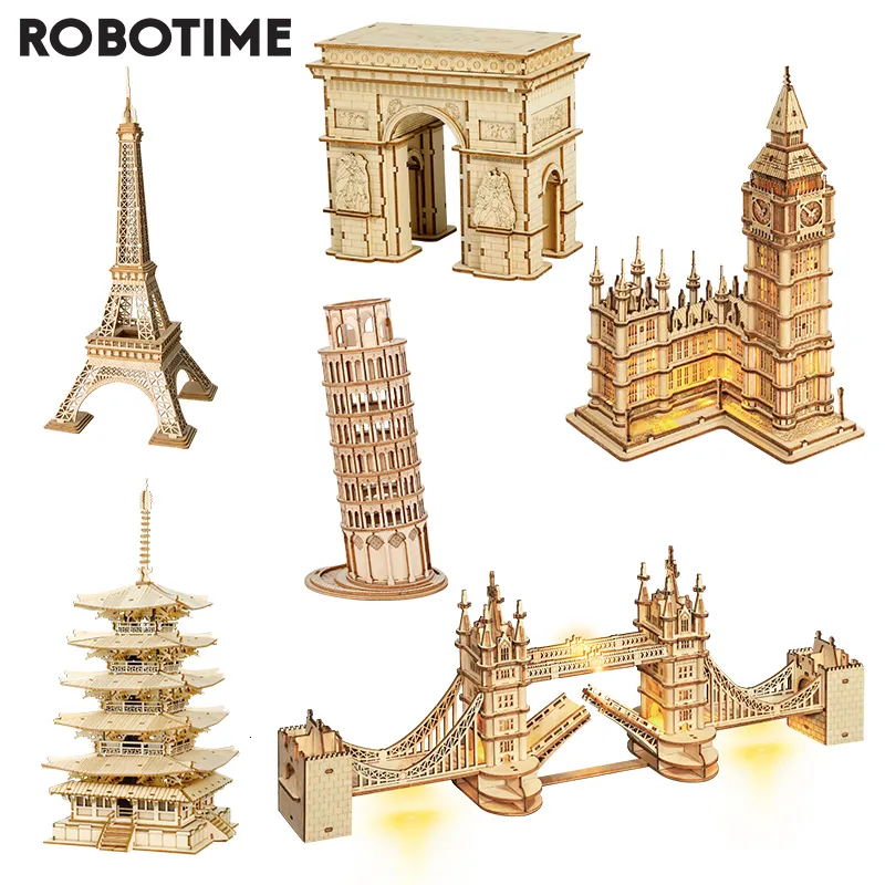 3D Puzzles Robotime 3D Wooden Puzzle Game Big Ben Tower Bridge Pagoda Building Model Toys For Children Kids Birthday Gift 230508