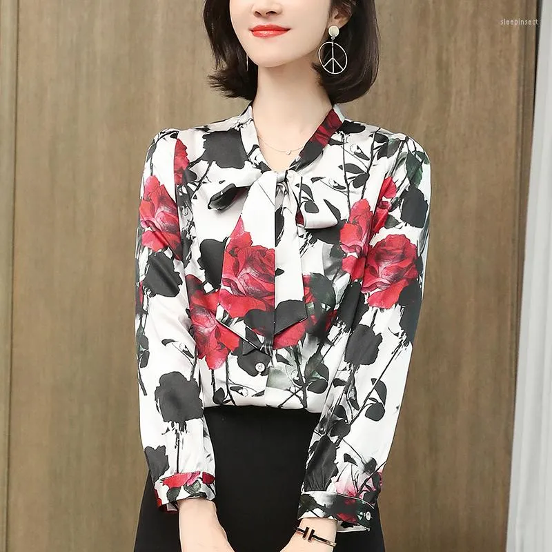 Women's Blouses Elegant Bow Shirts Women Real Silk Satin Long Sleeve Women's Floral Print Blouse Office Lady Shirt Woman Clothing Tops