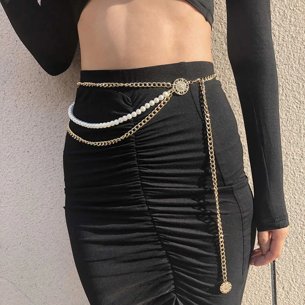 Belly Chains Punk Hip Hop Style Women Belt Fashion Hip High Waist Gold Silver Narrow Metal Chain Belts Gothic Decor Diamond Pearl Waist Chain Z0508