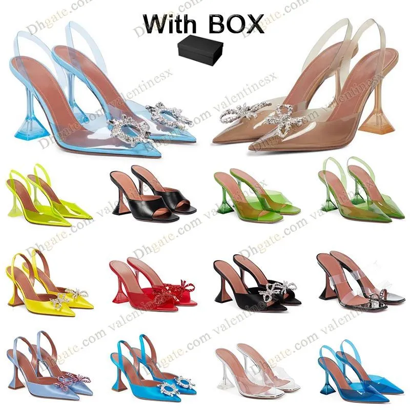 Designer Amina Muaddi Begum Crystal-embelled Buckle Stain Pumps Shoes Spool Heels Transparenta Sandaler Women's Luxury Dress Shoe Evening Slingback Sandal