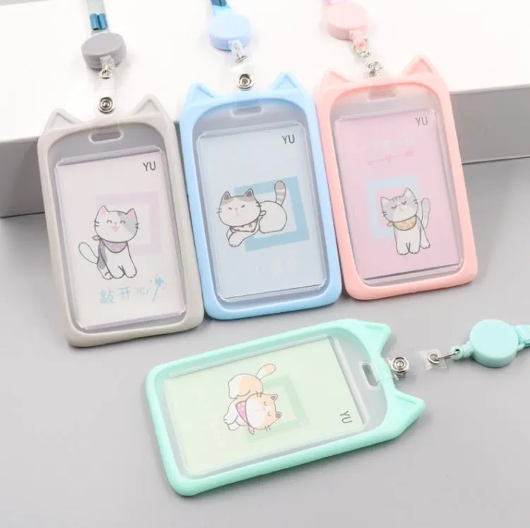 Cute Cartoon Cat Card Holder Bank Identity Bus ID Card Holder Case with Retractable Reel Lanyard Credit Cover Case Kids Gift