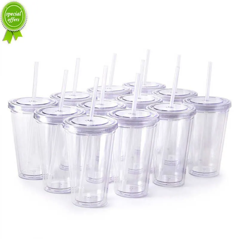 16oz/22oz herbruikbare reisijs koffie mokken dubbele wandmuur isoleren doorzichtige plastic tuimelaars met deksel en rietjes 1 stks 3 stks 12 stcs/set