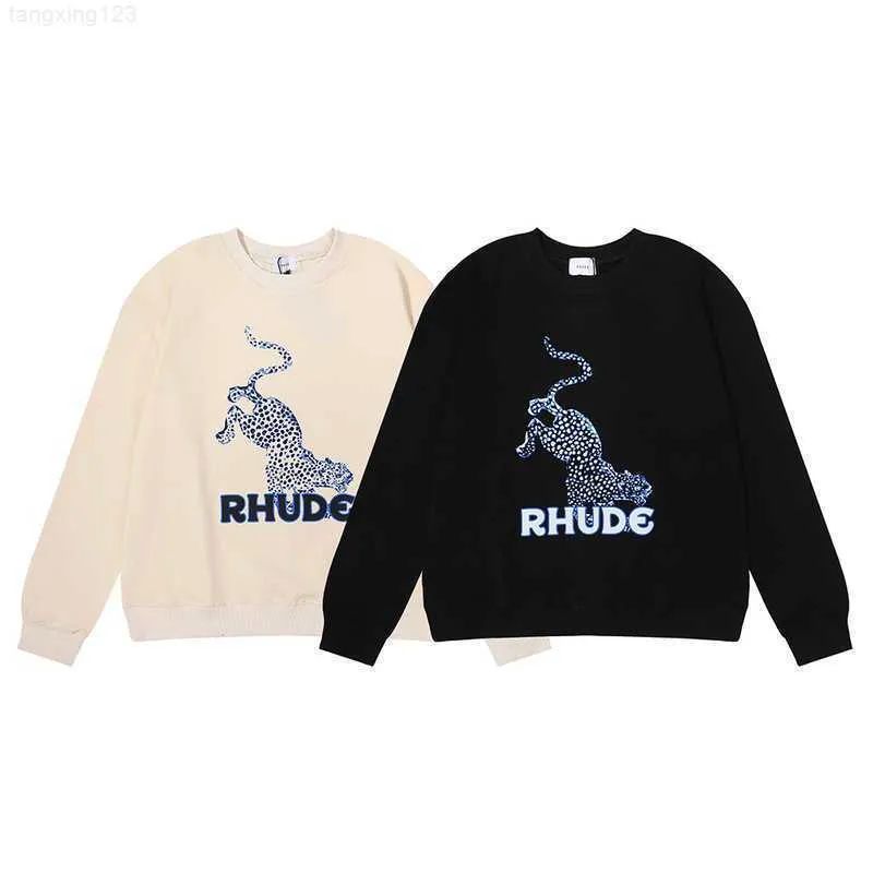 Hoodies Sweater Autumn and Winter New Rhude Leopard Letter Print High Weight Terry Round Neck for Men Women Couples