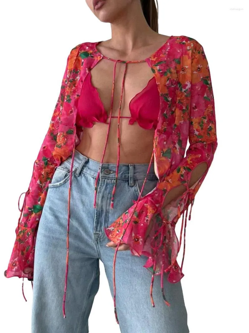 Camicette da donna Top trasparenti da donna Manica lunga svasata Cardigan con stampa floreale con allacciatura Summer Club Party Crop
