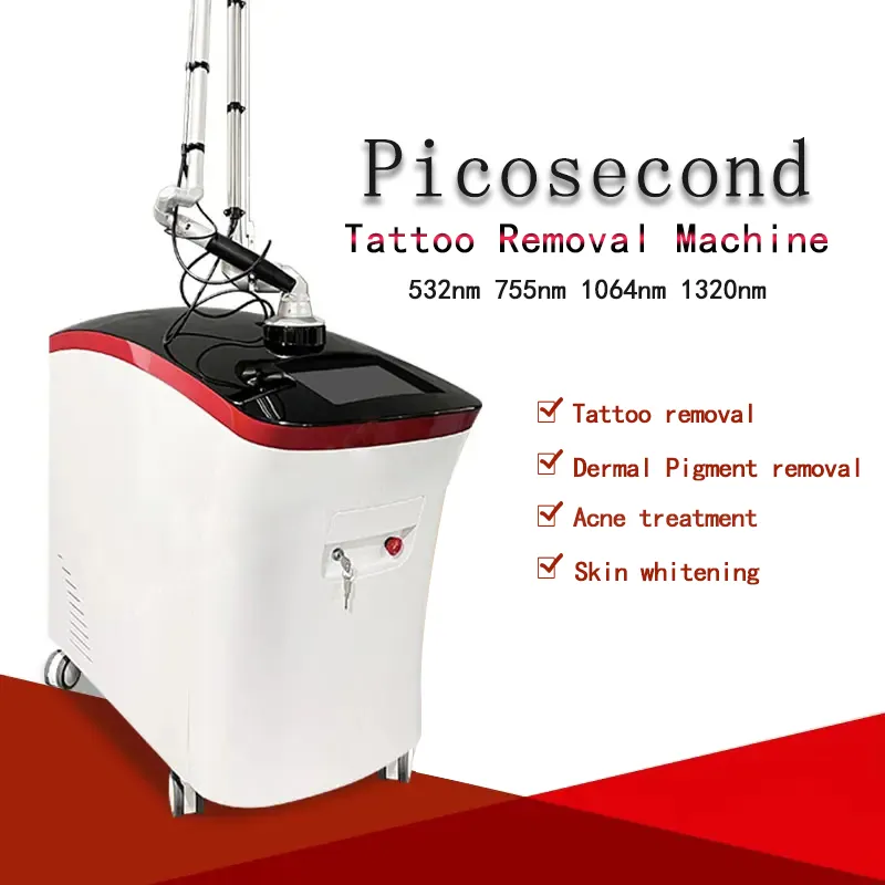 Professionele picoseconde lasertattooverwijderingsmachine 532nm 755nm 1064nm 1320nm Q-geschakeld ND YAG Laser Pigmentatie Behandeling Instelbare vlekgrootte CE goedgekeurd