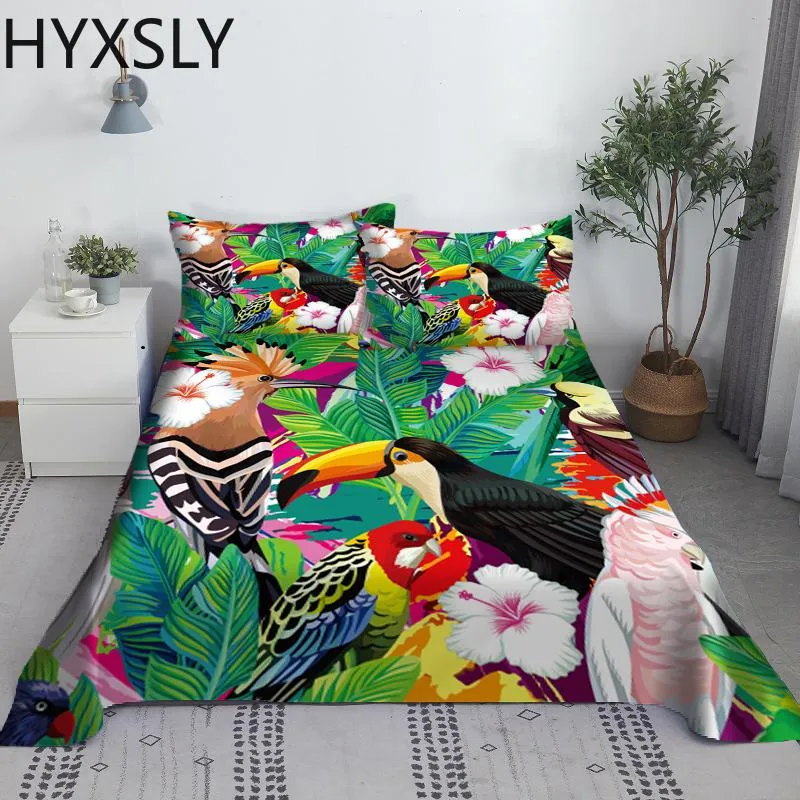 Ställ dig digital tryckning Tropisk landskap lakan Set Green Leaves Polyester Bed Plat Sheet With Pudow Case Bed Linen King Queen Size