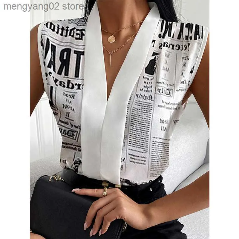 Femmes Blouses Chemises Femmes D'été De Mode Femme Top Nespaper Imprimer Col En V Long Sans Manches Casual Blouse Tops T230508