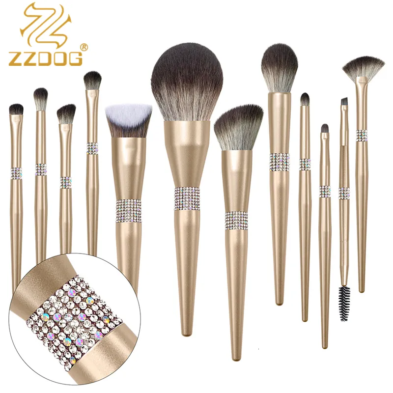 Ferramentas de maquiagem ZZDOG 12pcs Profission Brilliant Diamonds Makeup Brushes Definir Fundação de Cosméticos para Cabelo de Cabelo de Cabelo