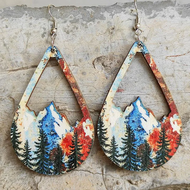 Boucles d'Oreilles Pendantes LIMAX Vintage Rétro Forêt Snow Mountain Coloré Creux Bohème Bois