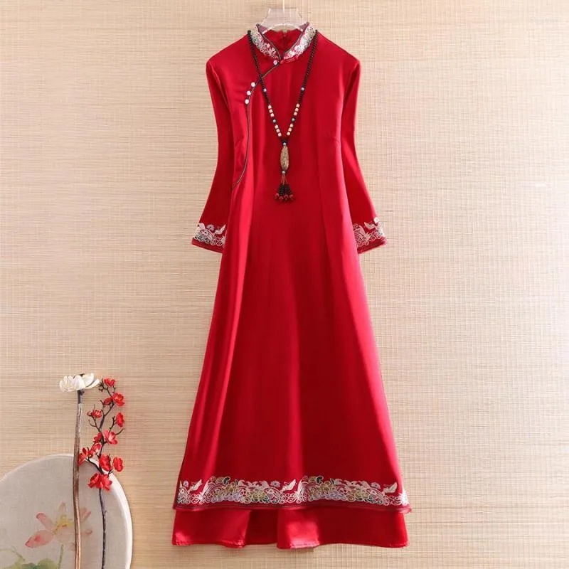 Roupas étnicas estilo chinês mulheres vestido qipao outono royal bordado floral vintage elegante senhora luxuosa algodão cheongsam s-xxl