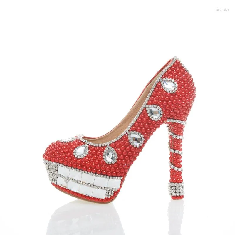 Zapatos de vestir Perla roja Rhinestone Tacones altos Lady Bridal Evening Prom Party Club Bar Personalizado Dama de honor