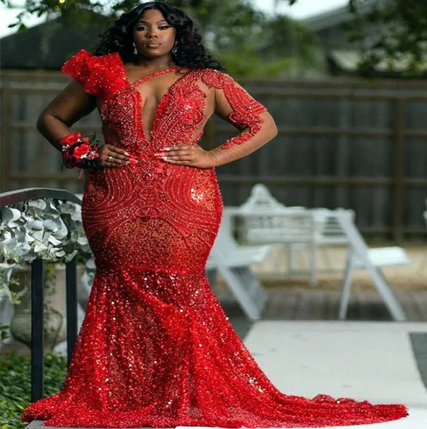 2023 May Aso Ebi Mermaid Red Prom Dress Pärvad paljett Lace Sexig kväll Formell parti Second Reception födelsedagsengagemang klänningar klädrock de soiree zj190