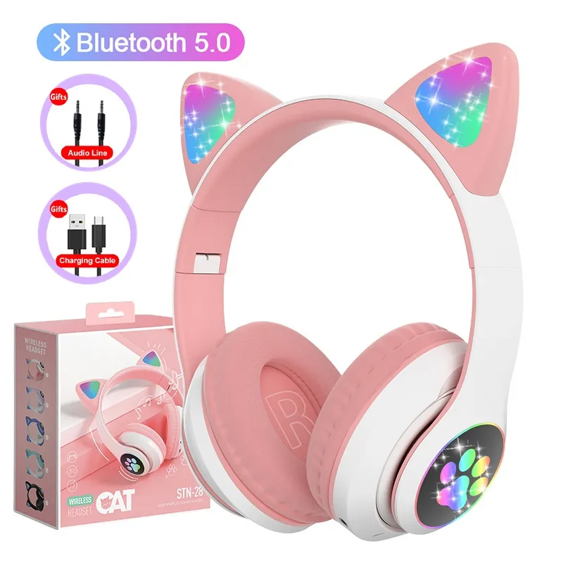 Flash Light Cut Cat Orends Bluetooth Wireless Headphones Earphone com microfone pode controlar LED Kid Girl Stéreo Music Helmet Phone Headset Gift