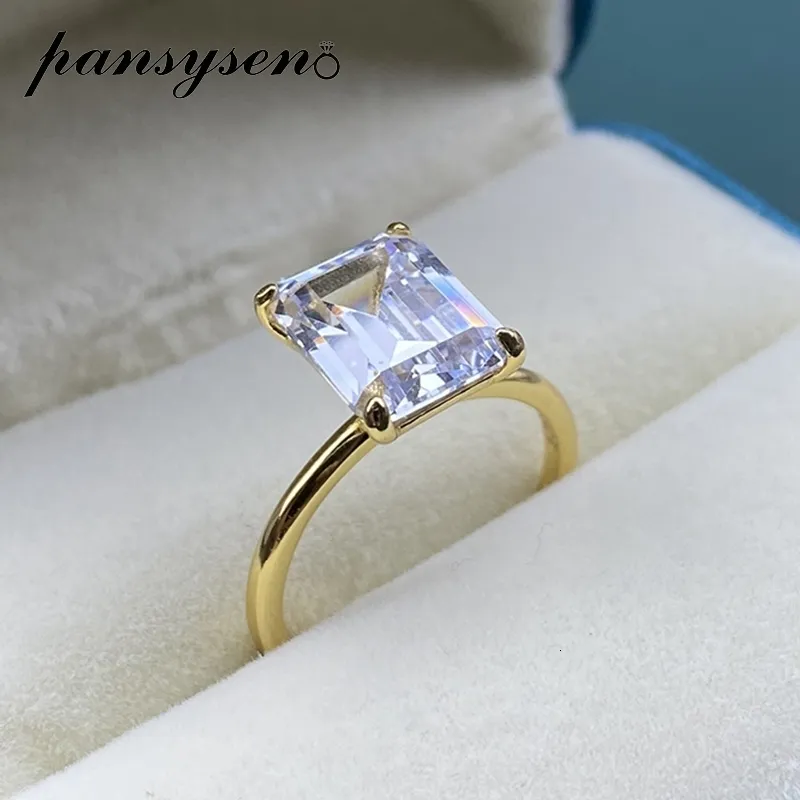 Bague solitaire PANSYSEN couleur or blanc/jaune/Rose luxe 8x10MM taille émeraude AAA Zircon anneaux pour femmes 100% 925 argent Sterling bijoux fins 230508