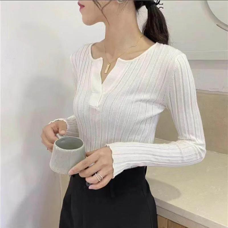 Kobiety swetry kobiety Pull Femme Femme Long Rleeve Crop Top Sweater Women French Chic V Neck Pullover