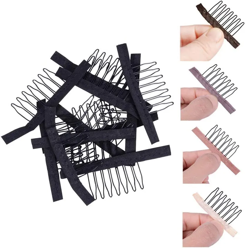 24 PCS/Lot Wig Combs 7-Teeth Clips Steel Teath Polyester Cloth Commit Combs Combs for Hairpiece Caps Accessories Tools (B