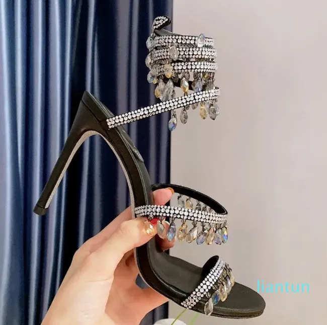 2023 sandales 95mm luxe diamant serpentine enveloppé romain talons hauts strass argent designer robe de banquet shoes35-43
