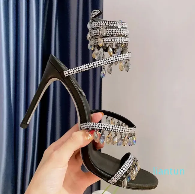 2023 Sandaler 95mm Luxury Diamond Serpentine Wrapped Roman High Heels Rhinestone Silver Designer Bankettklänningskor35-43