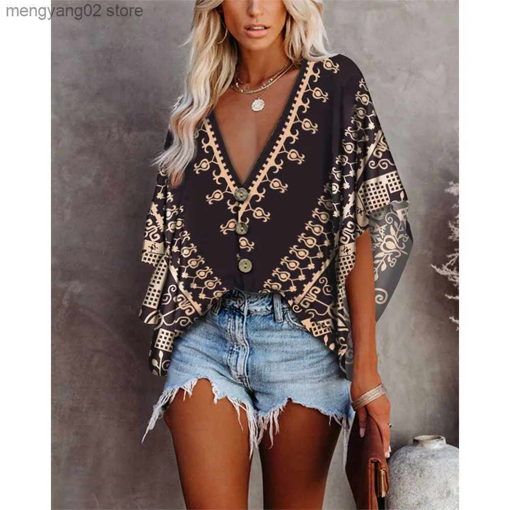 Kvinnors blusar skjortor Summer Women Tribal Print V-Neck-knapp Front Batwing Sleeve Top Fashion Femme Casual Half Sleeve Bluses Overdimensionerade kläder T230508