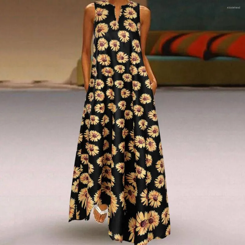 Повседневные платья принт подсолнечника длинные для женщин Boho Summer V-образное сексуальное вырезок с плеча плюс размеры макси-платье