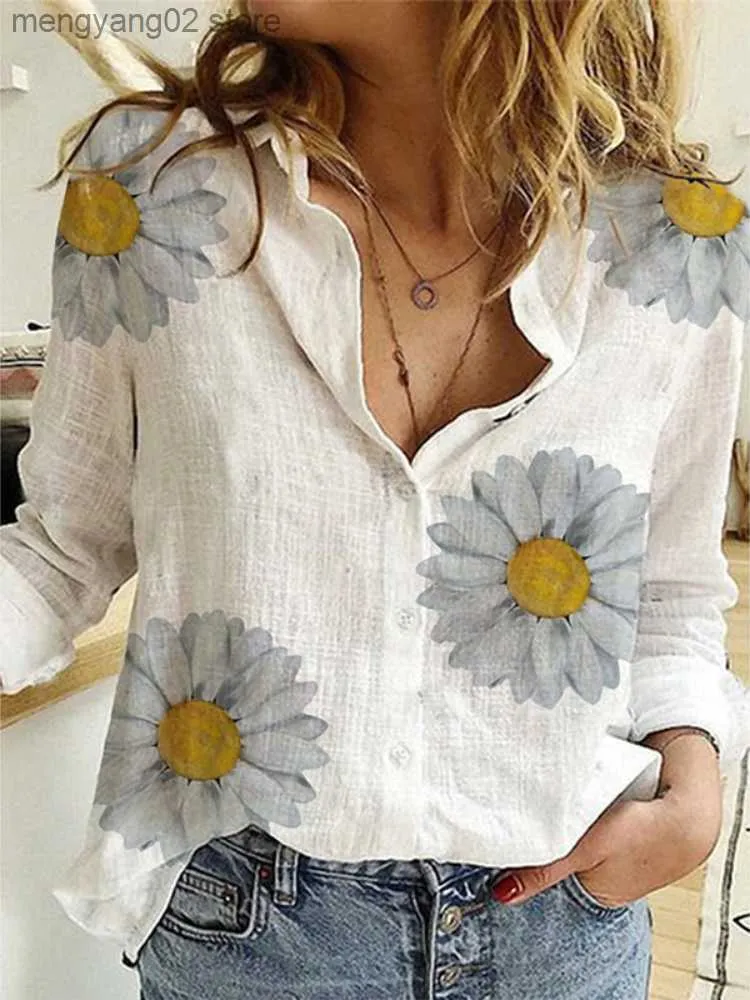 Women's Blouses Shirts Cotton Linen Women Shirt White Floer Polka Dot Print Tops Office Long Sleeve Turn Down Collar Button Up Blouses Blusas Mujer T230508