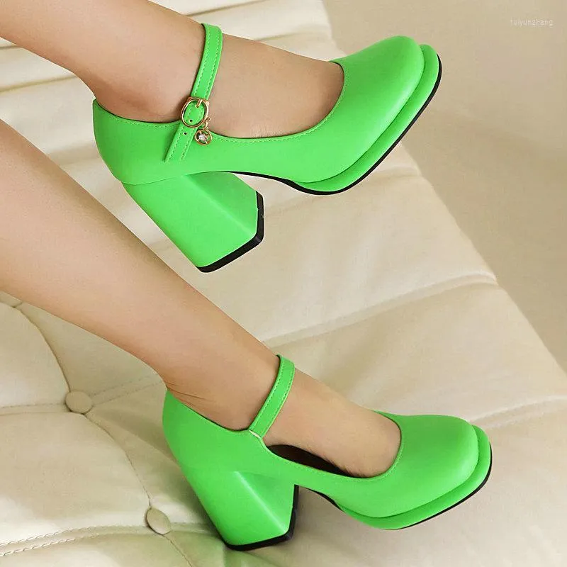 Chaussures habillées Orange vif vert filles bureau dame pompes bout rond charmantes femmes mariée gros talons hauts Mary Janes talons