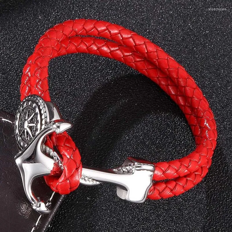 Charm Bracelets Trendy Red Leather Braided Bracelet Women Jewelry Fashion Stainless Steel Anchor Buckle Double Layer Men ST0180