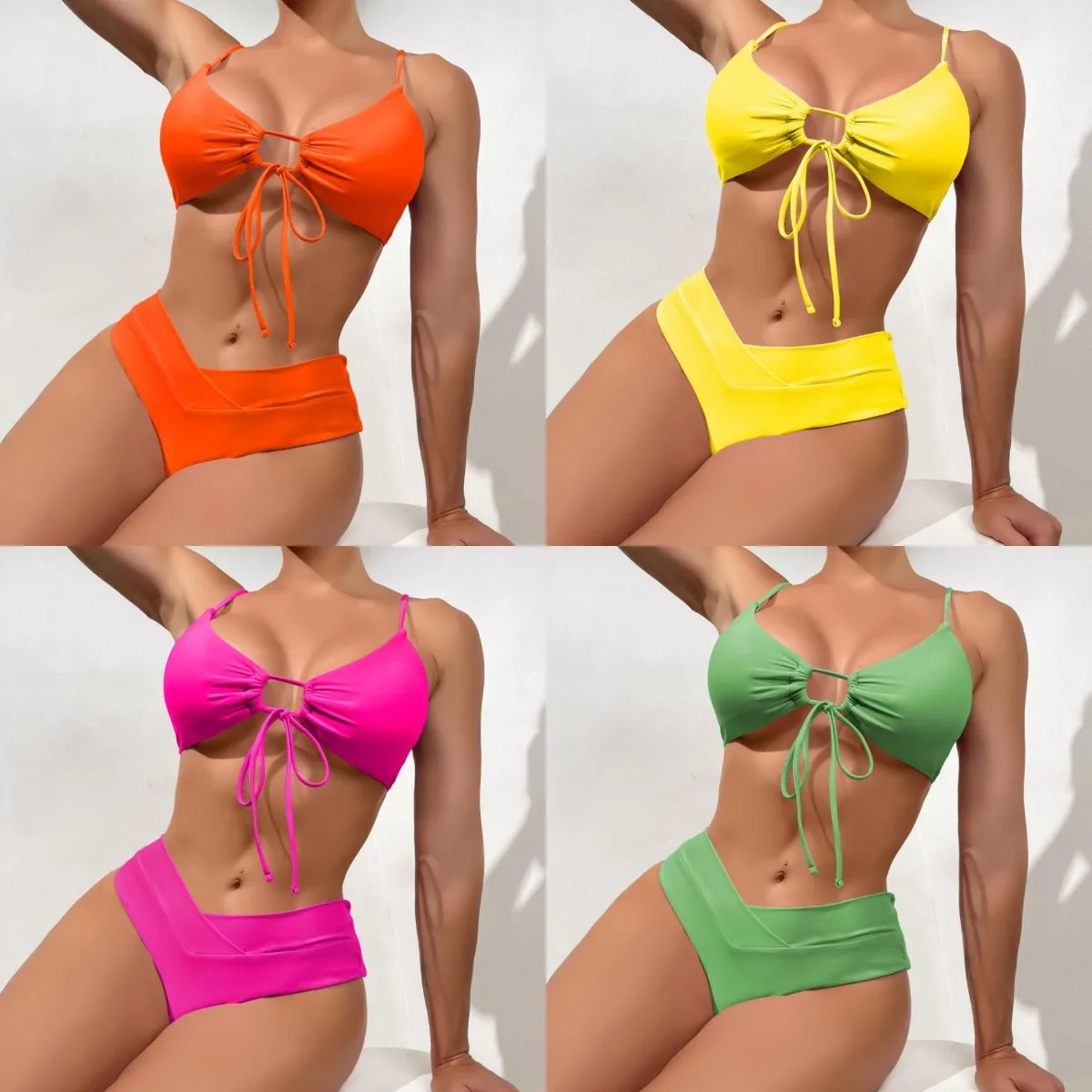 2023 Yaz için Set Yüksek Elastik Bikini İki Parça İki Parça Düz Renkli Seksi Kadınlar Mayo Plaj Mayo Kıyafet Mayo