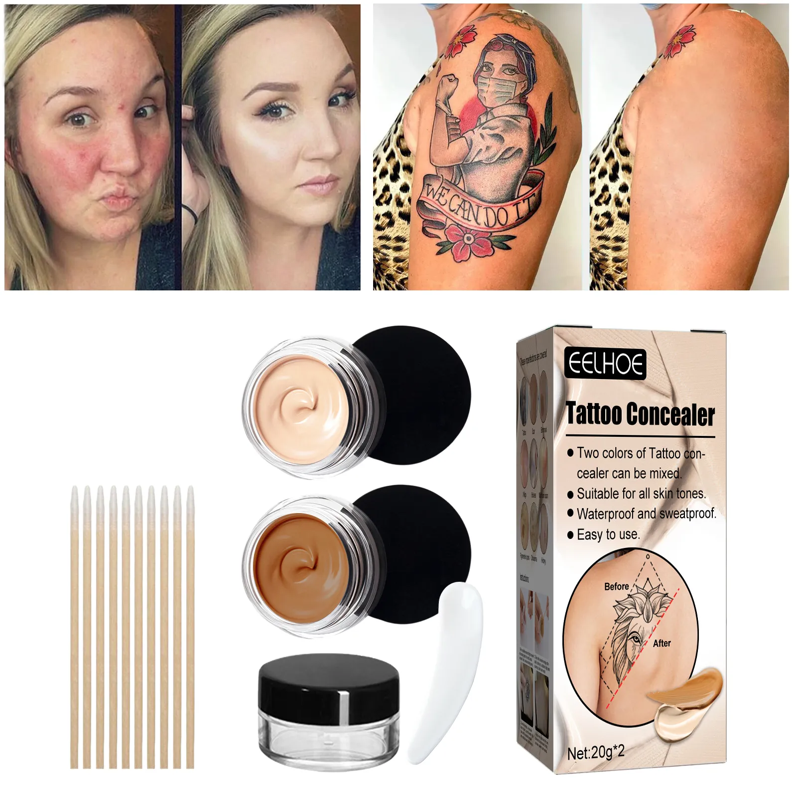 Tatuagem à prova d'água Cobertador de tatuagens Tattoos Scarping Creating Up Makeup Cream and Applicators Kit para manchas escuras cicatrizes vitiligo Cosméticos profissionais do corpo