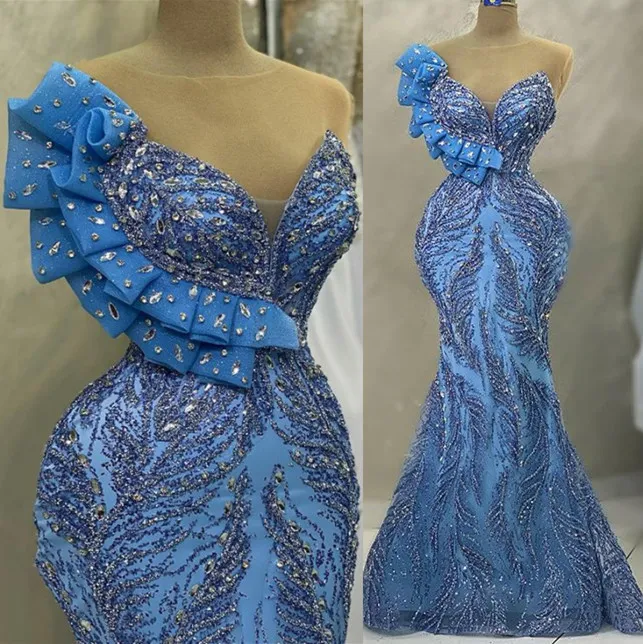 2023 May Aso Ebi Cristalli di perline Prom Dress Paillettes Pizzo Sirena Sera Festa formale Secondo ricevimento Compleanno Abiti di fidanzamento Abito Robe De Soiree ZJ193