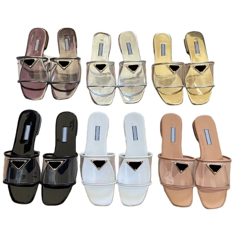 Transparante damespantoffels zomerse buitenslippers driehoeklogo designerschoenen goudkleurige strandschoenen platte hak sandalen antislip waterdichte zwembadschoenen open teen