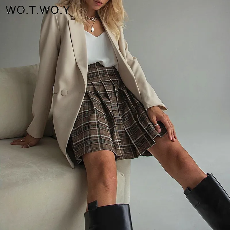 Mini Skirt Brown Plaid Skirt Knee Length Pleated High Waist Mini