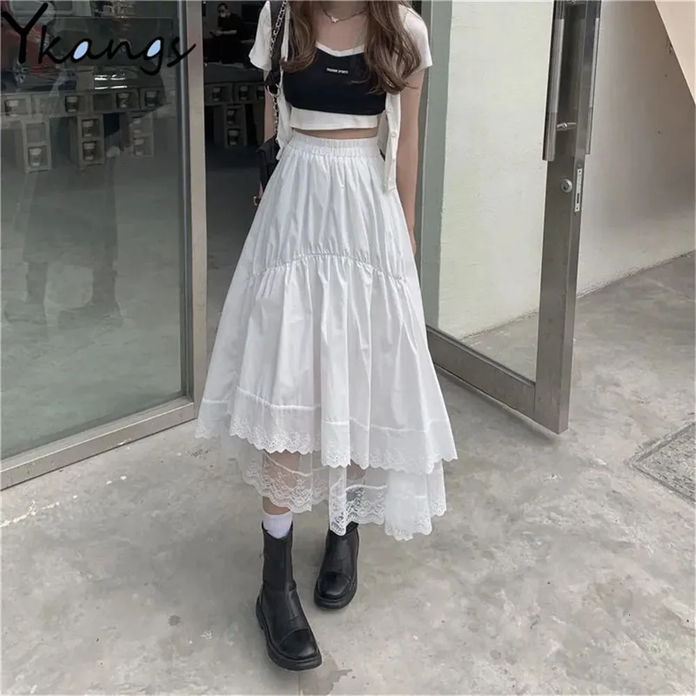 Saias preto gótico laço costura irregular saia plissada mulheres branco vintage cintura alta saia longa coreano sólido hip hop streetwear 230508