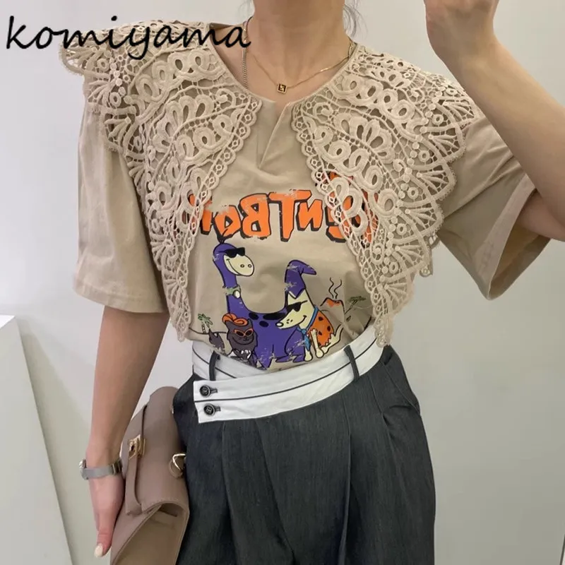 T-shirt femme Komiyama Vintage élégant évider revers femmes t-shirts été drôle dessin animé imprimé t-shirt Allmatch hauts à manches courtes 230508