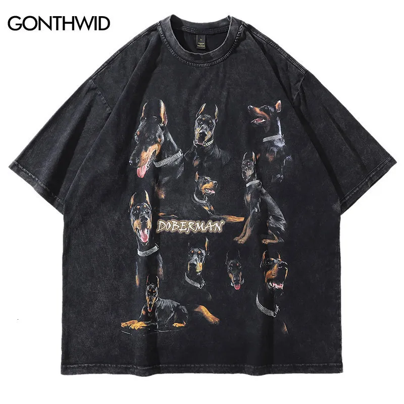 Herr t-shirts överdimensionerade nödställda t shirts hip hop vintage doberman hund tryck punk rock gothic tshirt streetwear harajuku casual t-shirt 230506