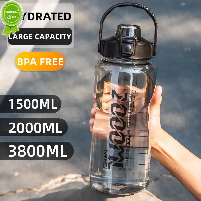 Garrafa de água esportiva 1.5/2l/3.8l, com canudo e alça, jarro fitness, sem bpa, para viagens ao ar livre, bicicleta, academia, aparelho de bebidas