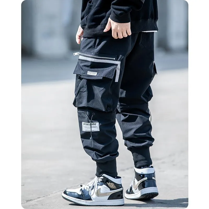 Mens Pants Reflective Stripe Harajuku Paratrooper Clothes Trendy