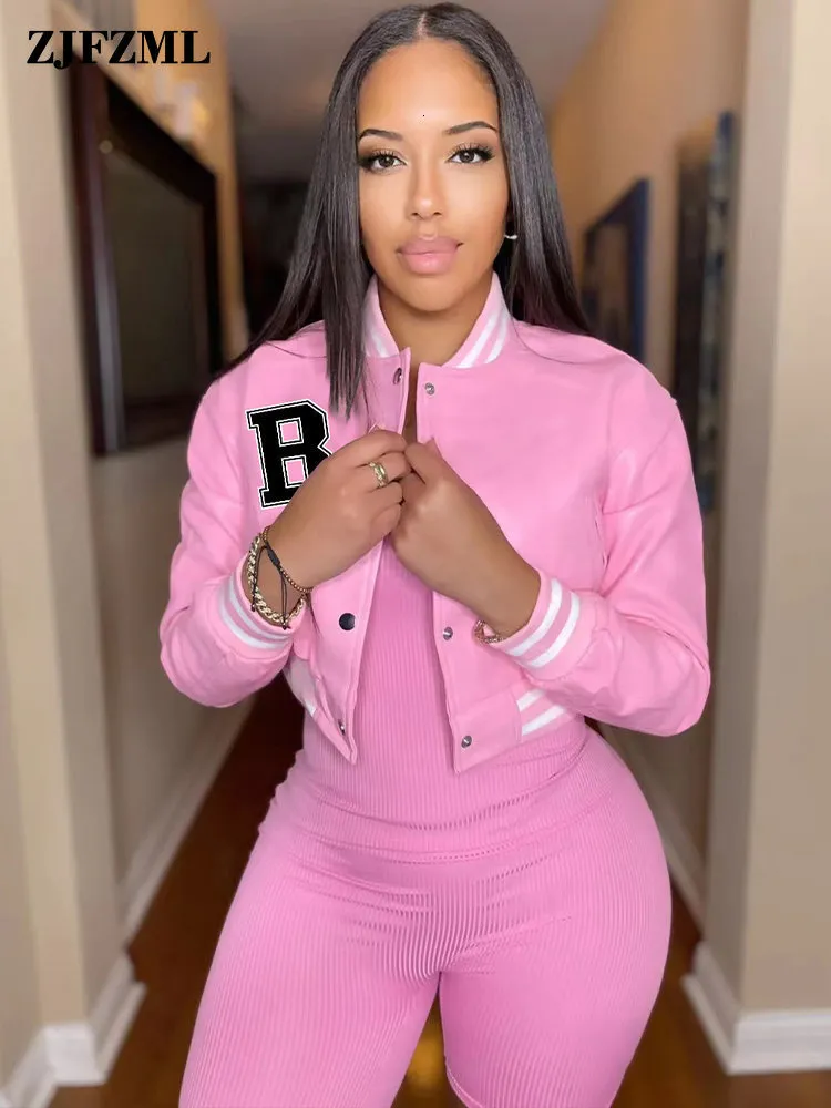 Womens Jackets Letter B PU Faux Leather Crop Bomber Coat Ladies Stand Collar Full Sleeve Baseball Jackets Streetwear Button Down Slim Fit Coats 230508 From 19 02 DHgate