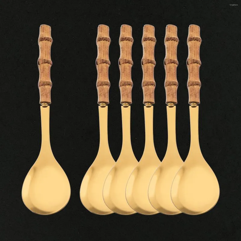 Conjuntos de utensílios de jantar 6pcs maçaneta dourada que serve sperk bamboo salada de madeira colher fórk 304 cutalhes de cozinha em aço inoxidável