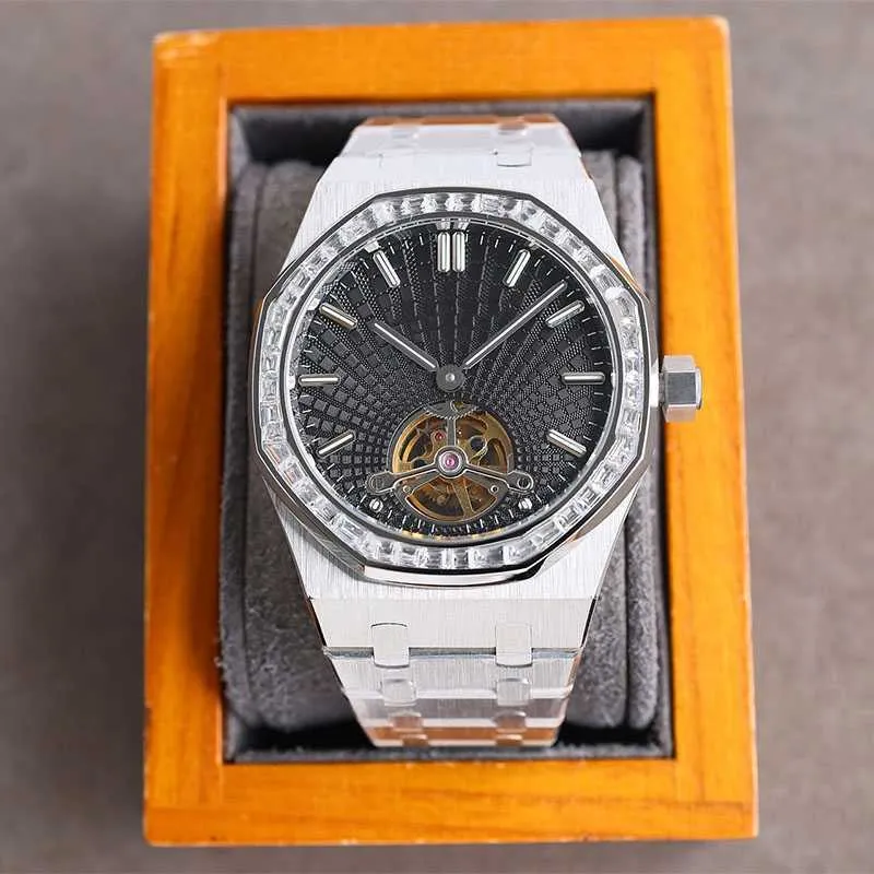 PIQUET AUDEMAR 시계 다이아몬드 남성 41mm 투르 빌론 중공 자동 기계식 시계 실버 스트린 손목 시계 스테인레스 스틸 방수 몬트르 고품질