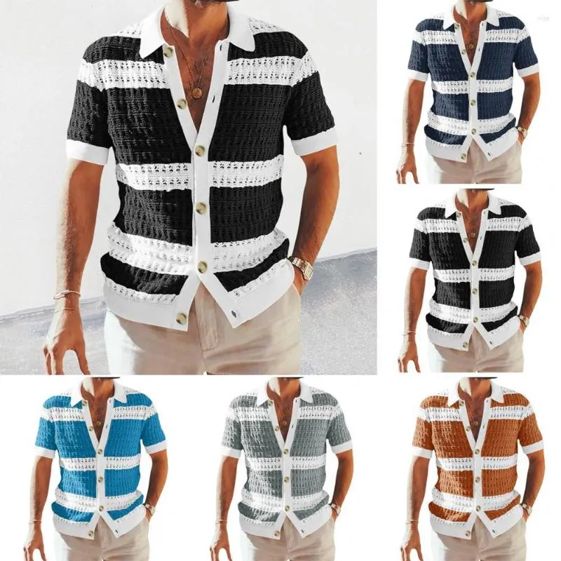 Pulls pour hommes à la mode hommes pull régulier été extérieur Cardigan rayure tricot chemise évider Design haut confortable pour travailler