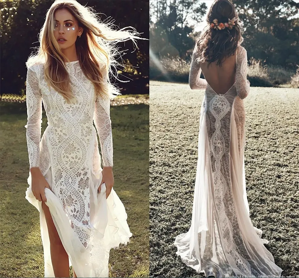 Neue exquisite Spitze Brautkleid Boho Chic Langarm rückenfreie Brautkleider Sommer Robe de Mariage