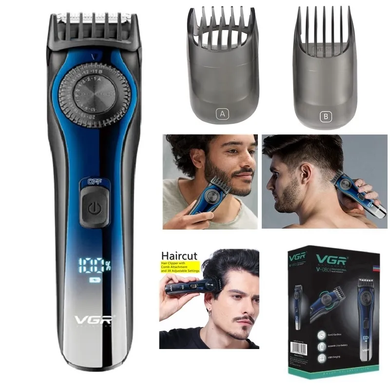 Hårtrimmer VGR Cordcordless 1-20mm Justerbart skägg Hårtrimmer för män Grooming Edge Rechargeable Electric Hair Clipper med 38 Inställning 230508