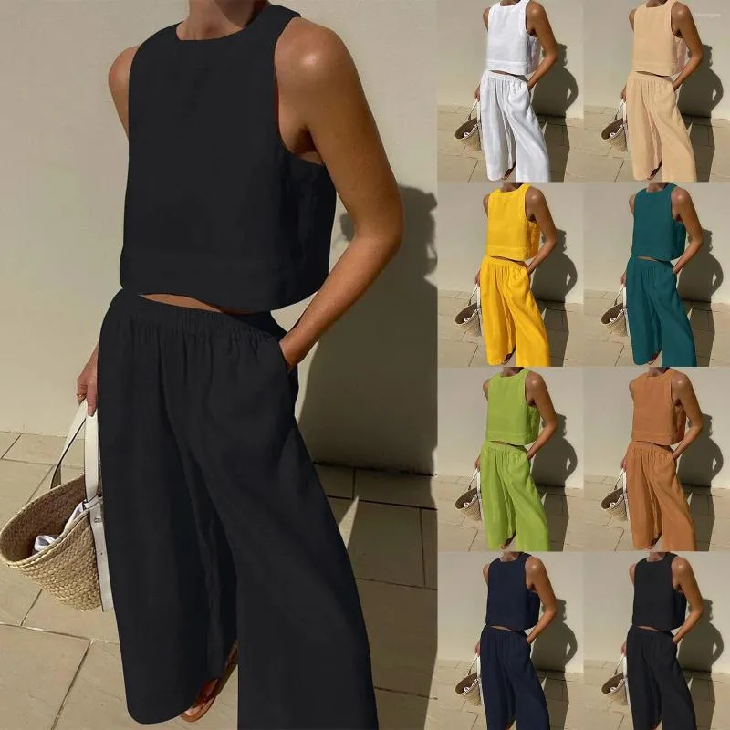 Pantalon deux pièces pour femmes élégant col rond sans manches haut et pantalon long costume femmes décontracté coton lin tenues amples mode taille haute poche