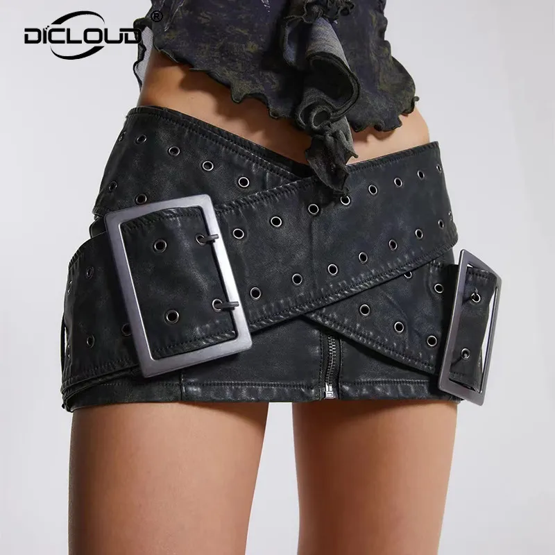 Skirts Ins Gothic Punk Fashion Black PU Leather Micro Women 2023 Summer Low Wasit Cross Belt Mini Vintage Distressed 230508